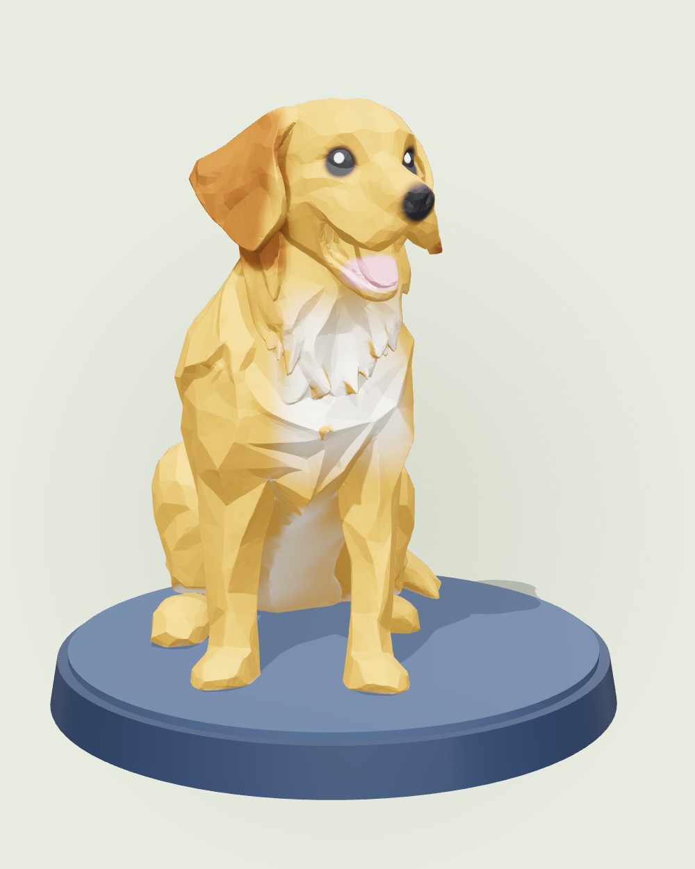 The same retriever, painted gold with a black nose and a pink tongue