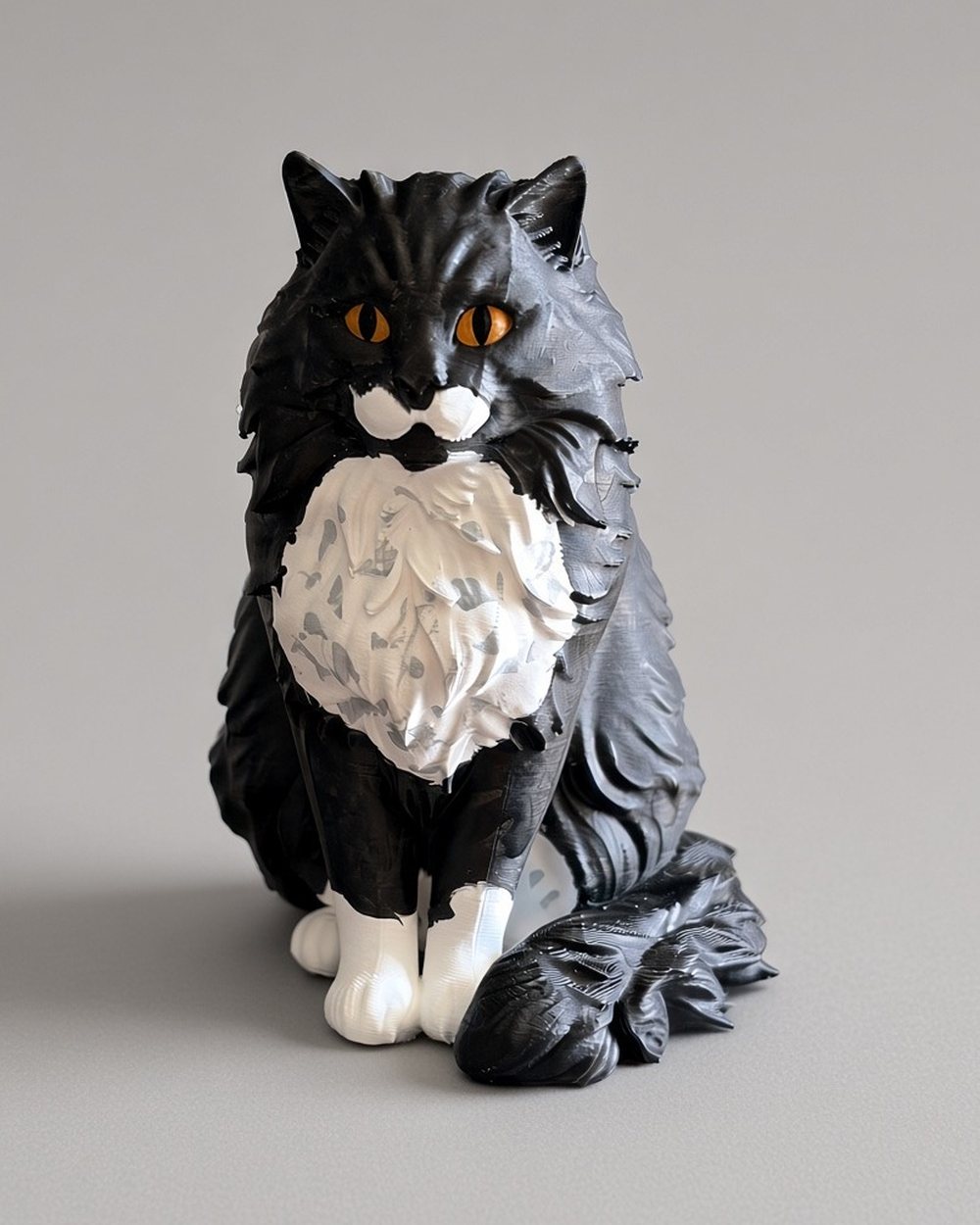 The finished cat figurine, painted black and white by hand