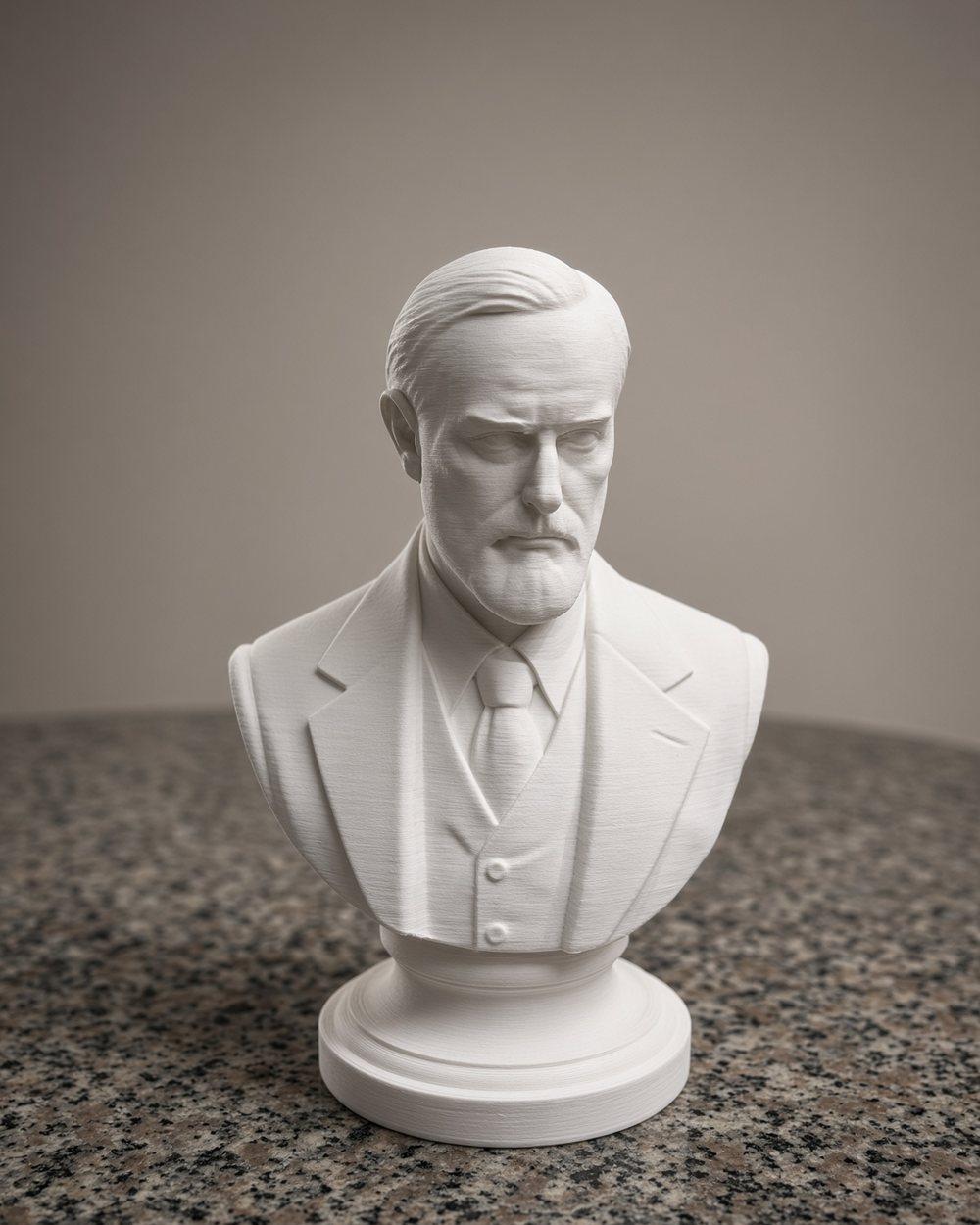 A white 3D-printed bust of Sigmund Freud standing on a granite surface